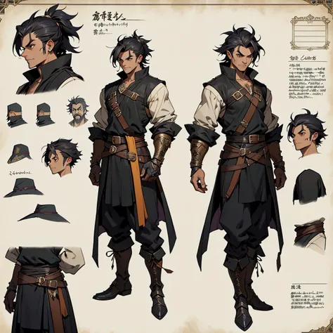 Close-up of a man in a Barbarian costume, ((character concept art)), ((Character design sheet, same character, on front, from on the side, At the back)) Character image, Medieval game character design, Medieval game character design, hair color: Black with...