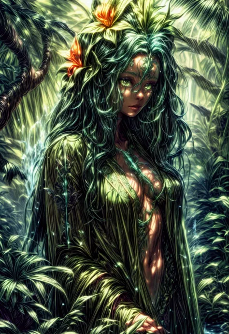  a picture of a druid in her jungle cove, an exotic, most beautiful human druid, priest of nature, warden of the wild of the jungle, full body, ((anatomically correct: 1.5)) long hair, wild hair, dynamic hair color, flowers and leaves in her hair, wearing ...