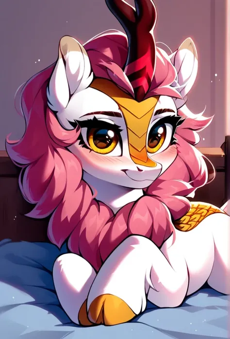 score_9, score_8_up, score_7_up, score_6_up, BREAK source_pony, rating_explicit, single, 
feral pony, kirin, female, white body, brown back, hazel eyes, pale pink hair, blushing,
lying down, red neck checker, wide hip, fluffy, ear tufts, long eyelashes, in...