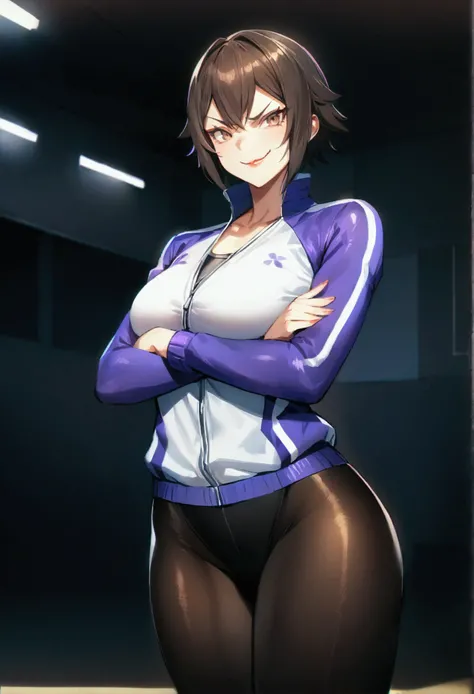 beautiful young fitness woman with , in a gym wearing May with black pantyhose, white and purple fitted gym jacket. standing alone, body hair,shiny brown eyes,Evil smile,legging preto aura roxa,crossed arms
