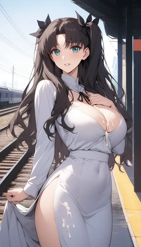 masterpiece, best quality, very aesthetic, absurdres, 1girl, mature_lady,white_dress,(cum_on_body:1.2),,tohsaka_rin, fate/stay_night, fate_(series), 1girl, aqua_eyes, black_hair, two_side_up, long_hair,black hair_ribbon,,by the railway,floating_clothes,