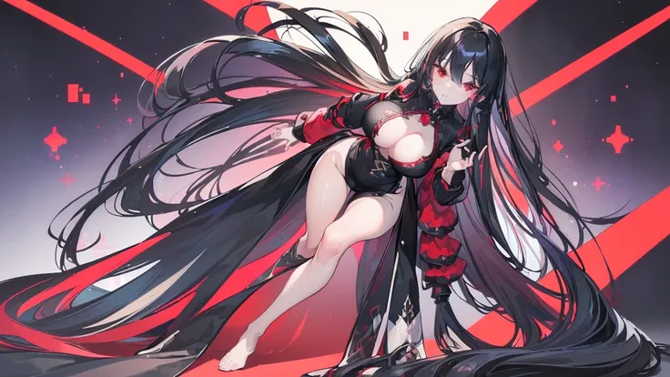 (Exquisite eyes),(Clear and beautiful eyes:1.61),masterpiece, 1 young girl,(Black clothes and some red gems), Black long hair, (She has a huge red gem on her chest), Good Hand,((The Havoc of StarCraft)),full-body shot,Fighting Stance,(Red Eyes:1.466)，short...