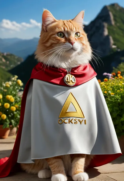 (best quality,4K,8k,A high resolution,master part:1.2),ultra detail,(Realistic,photorrealistic,photo-realistic:1.37),a cat wearing cape, (written "OCKSYI" on the cape). mountain garden background