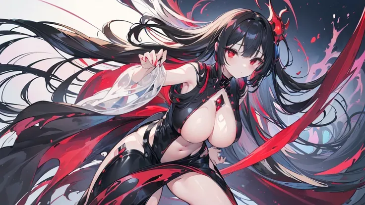 (Exquisite eyes),(Clear and beautiful eyes:1.61),masterpiece, 1 young girl,(Black clothes and some red gems), Black long hair, (She has a huge red gem on her chest), Good Hand,((The Havoc of StarCraft)),full-body shot,Fighting Stance,(Red Eyes:1.466)，short...