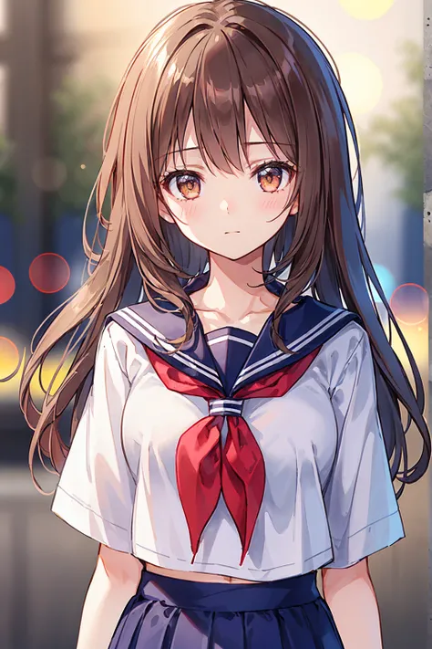 One girl, high school girl, Long Hair, Brown Hair, Sailor , Brown eyes, White Background，Lonely look，((Highest quality)), (Very detailed), (High-definition CG synthesis 8K wallpaper), 高いly detailed, 高い-definition raw color photos, Professional photography,...