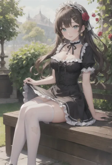 A beautiful girl in a black dress sitting on a wooden platform, anime girl, rose garden, beautiful and sunny day, black lolita dress with lots of ruffles, floral print dress, short sleeve, lolita choker, low-cut chest, big round breasts, white lace thigh-h...