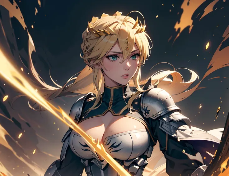 Artoria Lancer, Mulher Madura, elegante, cabelo loiro, olhos verdes, Curvilíneo, coroa, Ombro nu, tronco, Resolução 4k, alta qualidade, Hyperresolution，accuracy，Detailed rendering，（Subtle facial image）（Image of fine hair）（topquality）（Masterpieces of master...