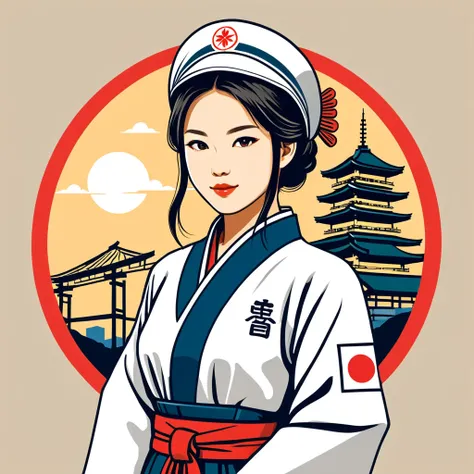 female engineer in japan folk outfit, vector graphics, strong contours, logo design
