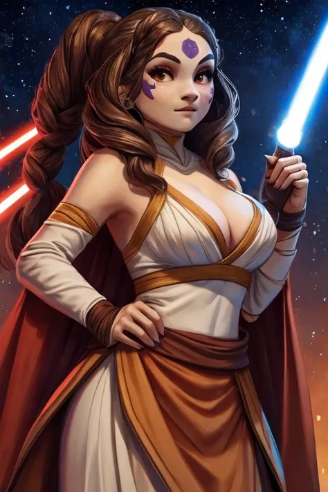 (crop top) ((cleavage)) hourglass figure: (Brown wavy hair) Jenna Coleman: Star Wars Padme: star wars padme episode 2: white bodysuit: Teenage Mutant Ninja Turtles: