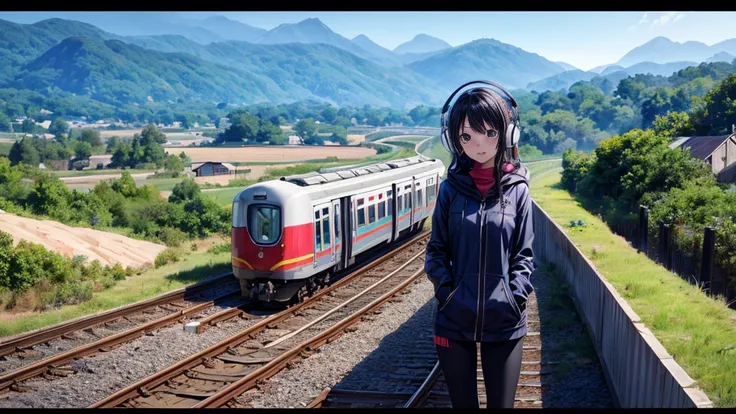 1 beautiful girl wearing headphones standing on the train tracks, with signs, landscape artwork, background art de anime, arte loepfe, detailed scenery – width 672, landscape artwork detalhada, arte loepfe style, beautiful anime landscape, made with anime ...