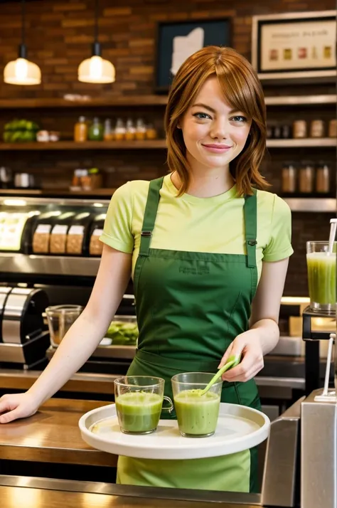 A waitress looking like Emma Stone handed me a green juice in a stretchy glass on a tray at a coffee shop 

