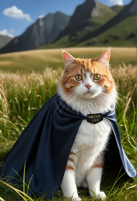 (best quality,4K,8k,A high resolution,master part:1.2),ultra detail,(Realistic,photorrealistic,photo-realistic:1.37),a cat wearing cape, (written "OCKSYI" on the cape). mountain grass field background