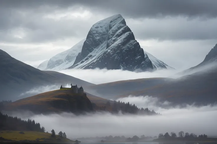 Scottish highlands, foggy day.