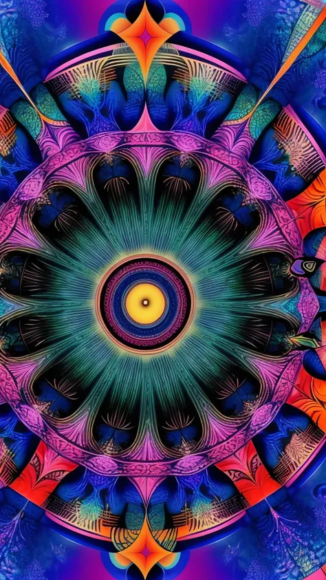 a psychedelic background, high contrast, fibonacci pattern, tribal motifs at the 4 corners arching towards the center, an enigmatic eye at the center, depth and charisma