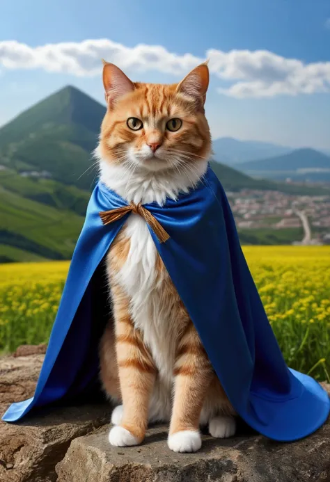 (best quality,4K,A high resolution),ultra detail,(Realistic,photorrealistic,photo-realistic:1.37),a cat wearing cape, (written "OCKSYI" on the cape). mountain field background