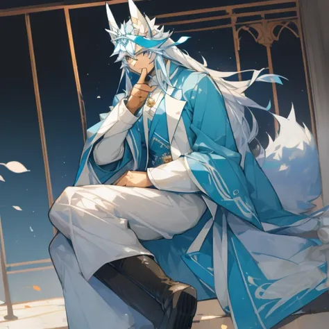 a beautiful ethereal kitsune demihuman, long flowing white hair mixed with pale blue and lavender highlights, masterpiece, wearing a long white robe, 180cm tall, around 20 years old, black boots, wearing finger guards, with a headpiece, an elegant noble ge...