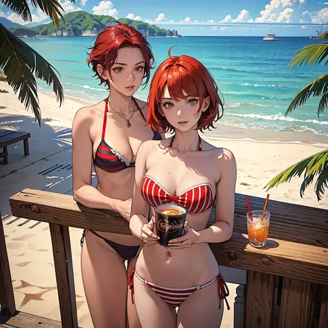 ((best quality)), ((masterpiece)), (detailed),High quality, Ultra detailed, best quality, insanely detailed, beautiful, masterpiece, 
(One Girl),16 years old, (messy short hair),red hair,student,summer,sea side, (red colored bandeau bikini,(stripe),cowboy ...