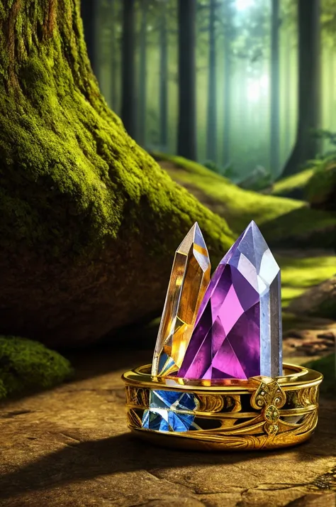 reasures, crystal, gem, gold, very beautiful, ore, ingot, photorealism, 8k, extra detailed, fantasy, forest