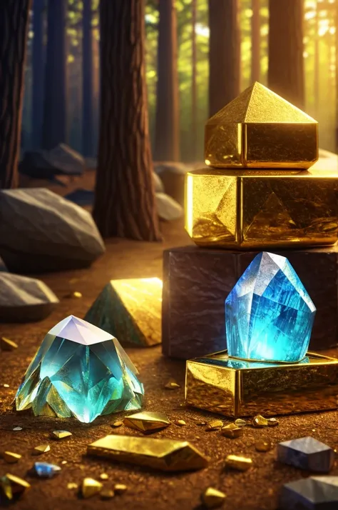 reasures, crystal, gem, gold, very beautiful, ore, ingot, photorealism, 8k, extra detailed, fantasy, forest