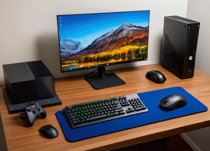 Setup with the following items: Office table 1,20 Above it is a 4k monitor An Xbox one x with black controller Black mechanical keyboard Navy blue mouse pad White wireless mouse