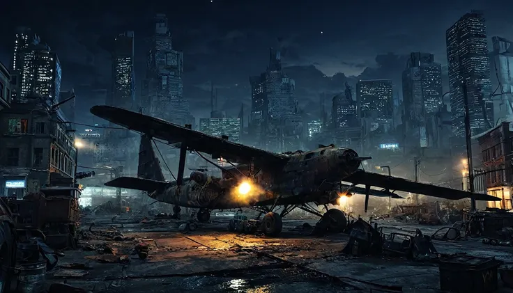 plane night city post apocalyptic