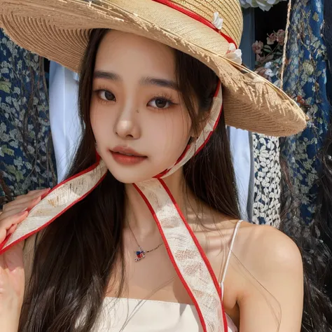 araffe woman wearing a straw hat with a red ribbon around her neck, with hat de palha, dilraba dilmurat, linda mulher sul-korean...