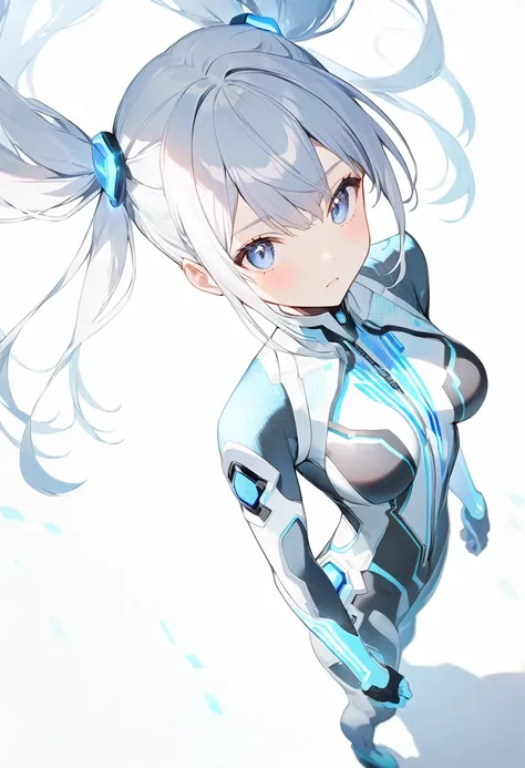 Blue Star,Twin tails,Top view,Standing on a white floor,Blue light pattern,Bodysuits,胸元が開いて肌が露出したBodysuits