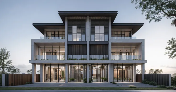 raw photo, exterior of two story white modern house, (road:1.3), (sidewalk:1.3), (sidewalk trees:1.3), (residences area:1.4), da...