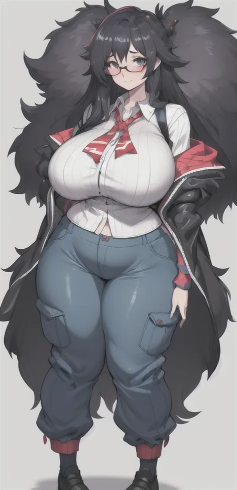 Nerdy woman, thick glasses, messy hair, gigantic breast, extremely wide hips, baggy clothes