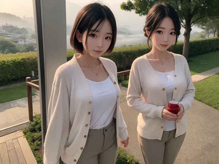 8k realistic, lifelike photo,, 36 year old Korean woman, Short in stature, pretty like a model. White shirt and short cardigan, casual pants, short medium hair, Smiley, Italy. vineyard, thick dawn fog. vineyard 멀리 짙은 안개 속으로 성당이 보인다. 1 woman, Short in statu...