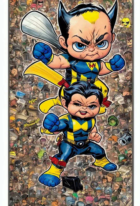 X-men Wolverine , bat in left hand, ((garbage pail kids style)), in a boxing ring, cartoon, high quality, watercolor,  detailed full body