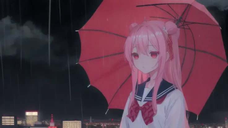 masterpiece, best quality, city background, rainy, 1girl, solo, upper body, bow, serafuku, satou, emotionless, expressionless, anime wallpaper 4k, detailed background, detailed hair