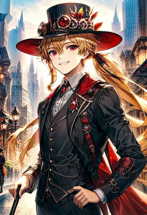 one young boy, red ruby eye, beautiful face like girl, ponytailed blonde, in noble suit. city background. hat. cane. noble. smil...