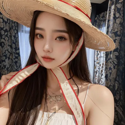 araffe woman wearing a straw hat with a red ribbon around her neck, with hat de palha, dilraba dilmurat, linda mulher sul-KOREAN, with hat, Linda jovem KOREAN,  KOREAN, wearing straw hat, Linda jovem KOREAN, wearing a choker and a cute hat, heonhwa choe, u...