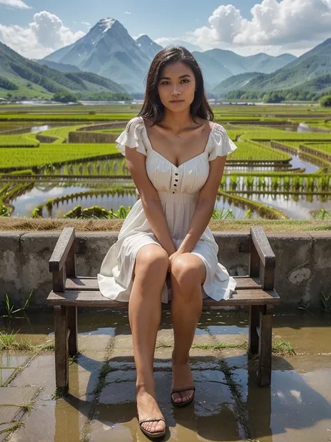 Karikatir 4 D A beautiful woman in a beautiful dress is sitting on a bench looking at the rice fields with a mountain in the background,  visible