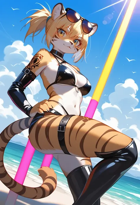 Highest quality, Highest quality, High quality illustrations, masterpiece, Ultra-high resolution, Detailed Background, beach, Absurd, Perfect Anatomy, performance, Good lighting, Shadows in the movies(kemono, Furry Personifi猫ion), Saber Tiger, latex, neon,...