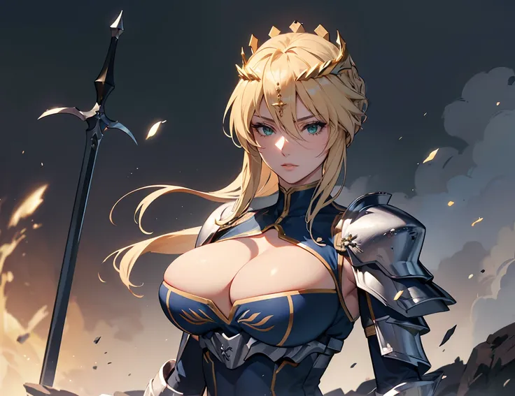 Artoria Lancer, Mulher Madura, elegante, cabelo loiro, olhos verdes, Curvilíneo, coroa, Ombro nu, tronco, Resolução 4k, alta qualidade, Hyperresolution，accuracy，Detailed rendering，（Subtle facial image）（Image of fine hair）（topquality）（Masterpieces of master...