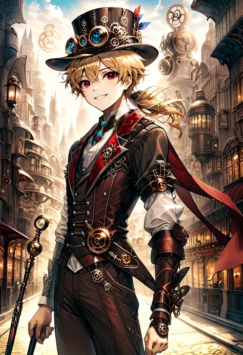 one young boy, red ruby eye, beautiful face like girl, ponytailed blonde, in noble suit. city background. steampunk hat. cane. n...