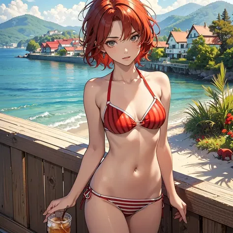 ((best quality)), ((masterpiece)), (detailed),High quality, Ultra detailed, best quality, insanely detailed, beautiful, masterpiece, 
(One Girl),16 years old, (messy short hair),red hair,student,summer,sea side, (red colored bandeau bikini,(stripe),cowboy ...