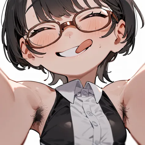 masterpiece, Highest quality, so beautiful, Absurd,
One girl, alone, Black Hair, Bobcut,
Thermont 16A, Glasses, 
Collared shirt, Happy, smile, Sticking out tongue、Small breasts、tits、Armpit Hair、Hair growing under the arms、She is raising her arms to show he...