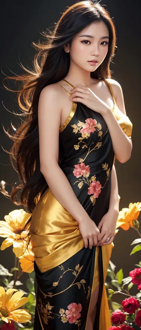 beautiful Thai chubby woman, artistic pose, perfect symmetric eyes,  with soft lush warm black long hair flowing, digital painting, with a beautiful delicate silk dress printed with flowers, art portrait by Vladimir Volegov, a ultra hd detailed painting, c...