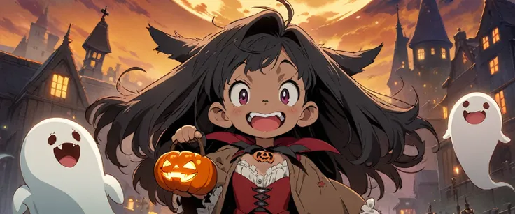 ghibli, halloween, cute werewolf, ghost, vampire, witch, ultra detailed, official art, masterpiece, illustration
