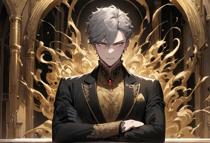 Anime Men, teenager, good looking, Fair-skinned, resolute eyes, Gray Hair, short hair, deep golden eyes, Powerful, Black suit and black gloves, Golden Clothes, Royal Style, inflammation, Arms crossed, office