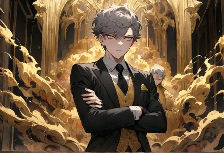 Anime Men, teenager, good looking, Fair-skinned, resolute eyes, Gray Hair, short hair, deep golden eyes, Powerful, Black suit and black gloves, Golden Clothes, Royal Style, inflammation, Arms crossed, office