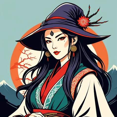 female warlock in japan folk outfit, vector graphics, strong contours, logo design
