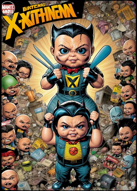 X-men Wolverine , bat in left hand, ((garbage pail kids style)), in a boxing ring, cartoon, high quality, watercolor,  detailed full body