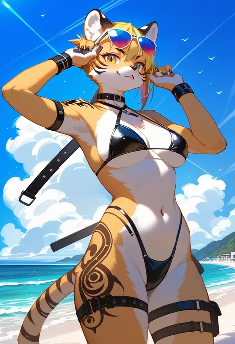 Highest quality, Highest quality, High quality illustrations, masterpiece, Ultra-high resolution, Detailed Background, beach, Absurd, Perfect Anatomy, performance, Good lighting, Shadows in the movies(kemono, Furry Personifi猫ion), Saber Tiger, latex, neon,...