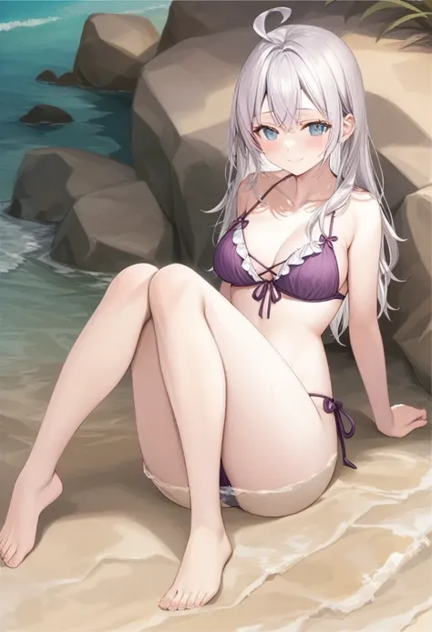 score_9,score_8_above,score_7_above, alya, light smile,Alone, long white hair, medium chest, wearing a sexy purple ruffled bikini, resting in the sand, back view, looking back, Stretched legs,Feet together, near the sea, legs in the sea, perfect ends, enla...