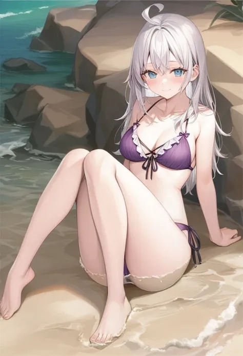 score_9,score_8_above,score_7_above, alya, light smile,Alone, long white hair, medium chest, wearing a sexy purple ruffled bikini, resting in the sand, back view, looking back, Stretched legs,Feet together, near the sea, legs in the sea, perfect ends, enla...