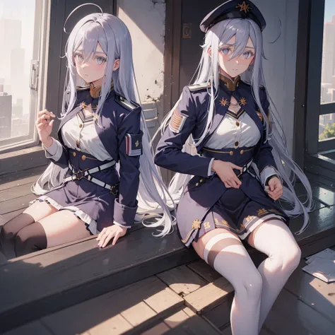 Vladimir Namidze, Vladilena Milidze, (Grey Eyes:1.5), One woman, Mature Woman, Sexy outfit,Embarrassing,naked,I can see your chest,Grey Hair, Hair between the eyes, Long Hair, Ahoge, break blue headwear, blue Jacket, blue skirt, Have, Jacket, army, army Ha...